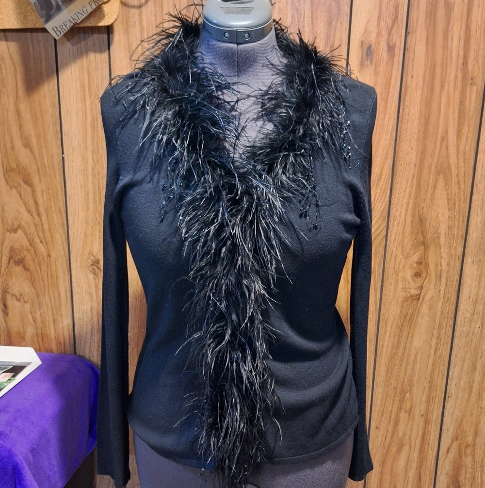 Alberto Makali Black Feather-Trim Cardigan